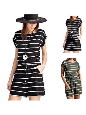 Rae Mode Womens Keyhole Back Short Sleeve Striped Romper Jumpsuit navy/ivory